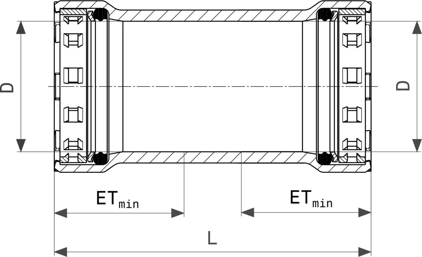 Viega Megapress-Schiebemuffe aus unlegiertem Stahl, mit Zink-Nickel-Beschichtung, in einem schematischen Diagramm, das Maße und Anschlüsse zeigt.
