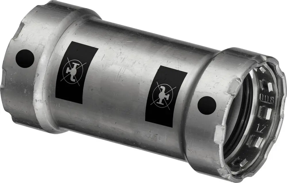Edelstahl-Muffe mit schwarzen Gefahrensymbolen. Produkt von Viega zur Verbindung von Rohrleitungen, zeitgemäße Bauweise mit robuster Oberfläche.