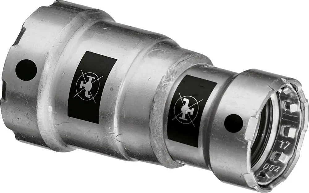 Stahlreduziermuffe mit Zink-Nickel-Beschichtung, versehen mit Warnsymbolen. Produkt von Viega, verwendet in der Rohrinstallation für unterschiedliche Durchmesser.
