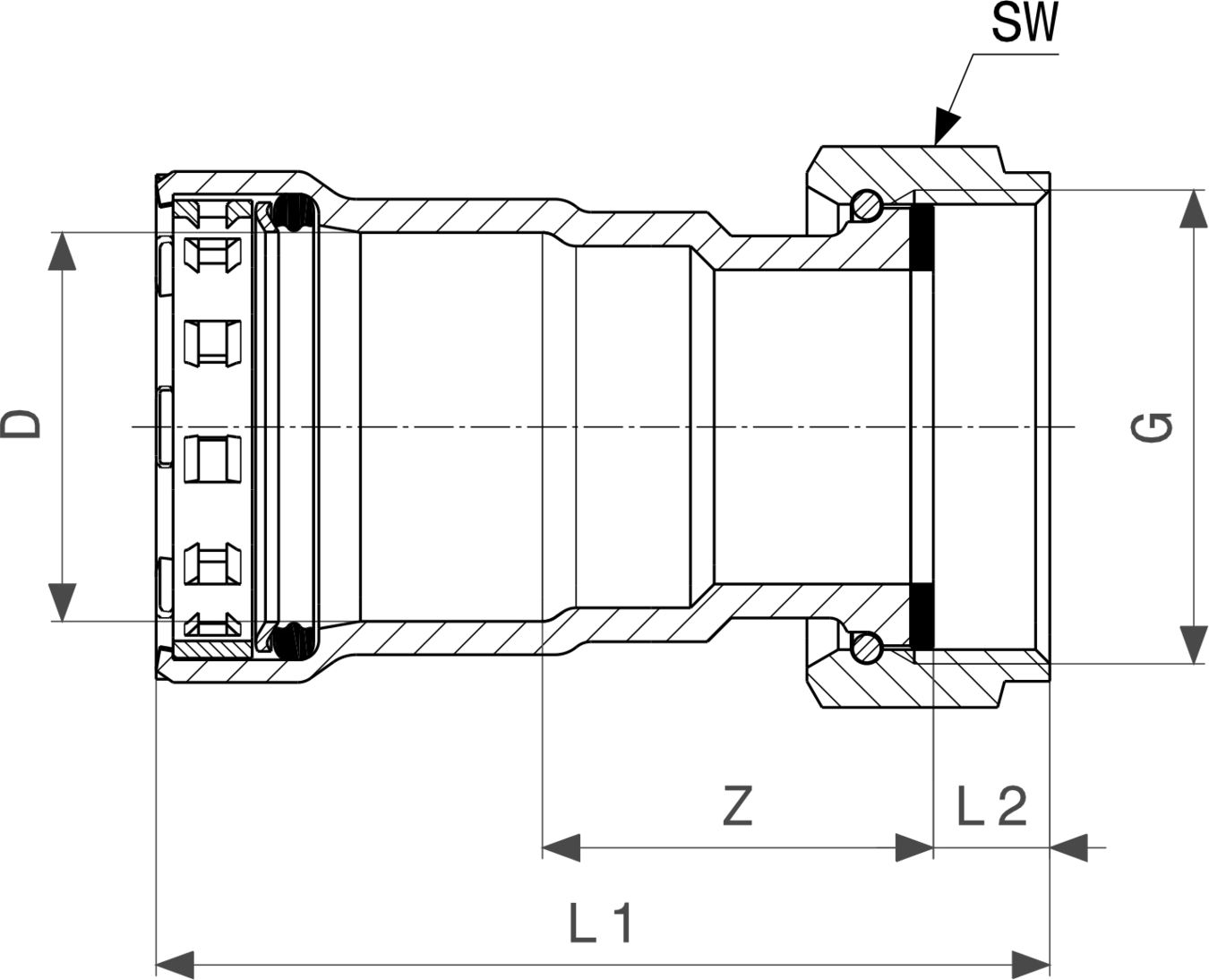 Viega Megapress-Anschlussverschraubung, stabiles Design mit zink-nickel-beschichteten Oberflächen. Abmessungen und spezifische Details nicht sichtbar.