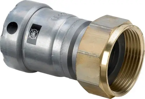 Viega-Megapress-Anschlussverschraubung aus Stahl mit Zink-Nickel-Beschichtung, geeignet für Rohrverbindungen, mit einem einseitigen Gewindeanschluss.