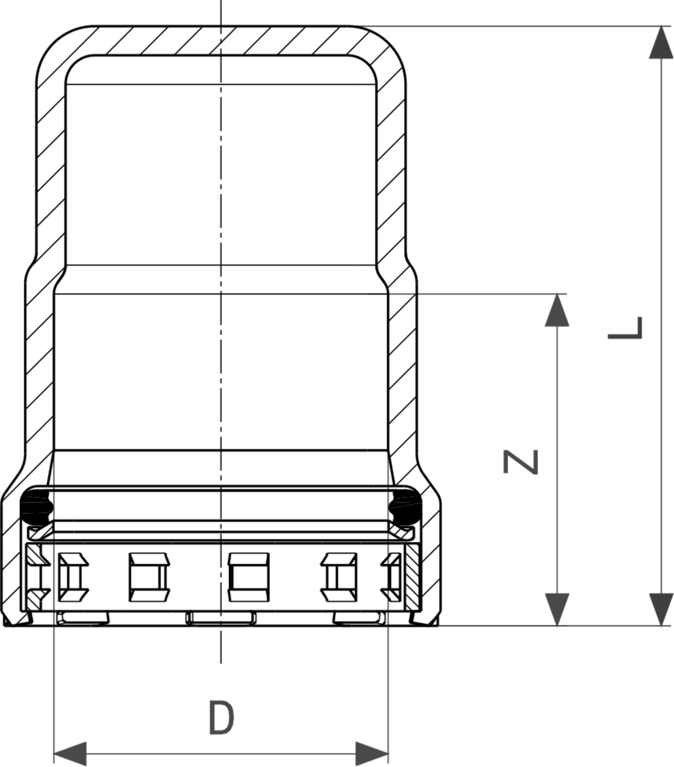 Viega Megapress-Kappe in zylindrischer Form, mit Zink-Nickel-Beschichtung, zur Verbindung von Rohrleitungen, für Anwendung in der Heizungs- und Sanitärtechnik.