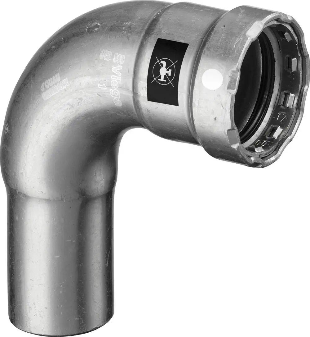 Rohrverbindungsstück mit einem 90-Grad-Winkel, aus Stahl mit Zink-Nickel-Beschichtung, hergestellt von Viega. Verwendbar für verschiedene Rohrinstallationen.