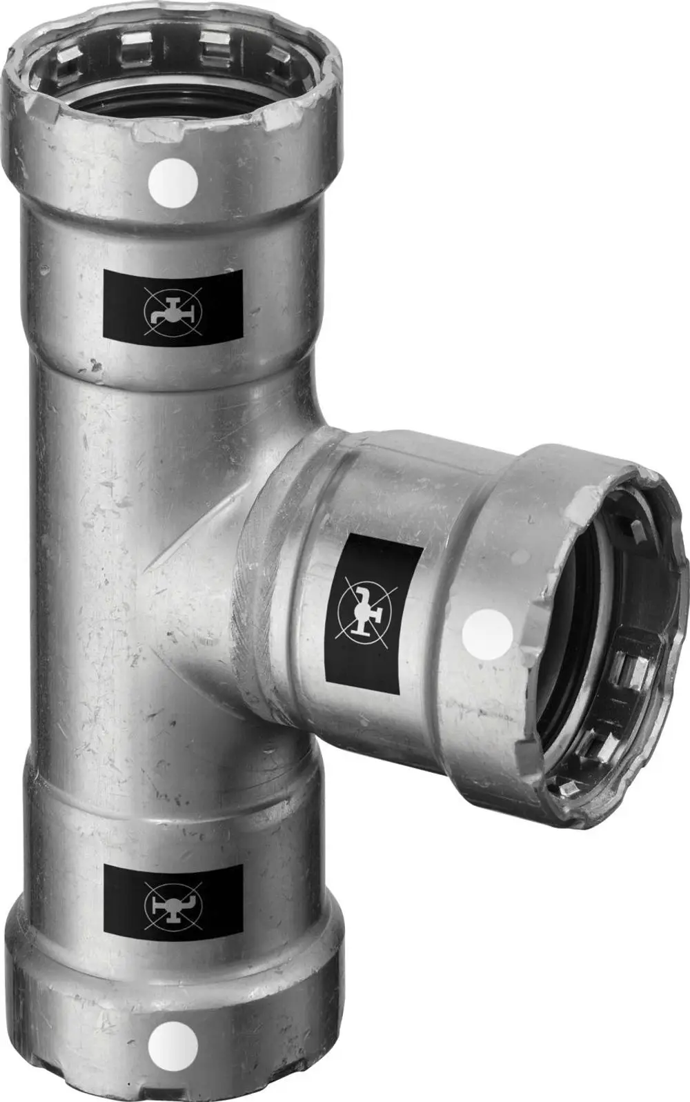 Viega Megapress S-T-Stück aus Stahl mit Zink-Nickel-Beschichtung, drei Anschlussstellen für Rohrverbindungen in einem Rohrleitungssystem.