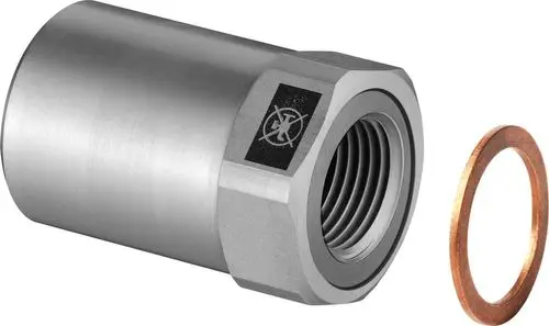 Metallisches Rohrstück mit Gewinde und einer dazugehörigen Dichtung, hergestellt von Viega. Das Produkt ist für Verbindungen in Rohrsystemen konzipiert.