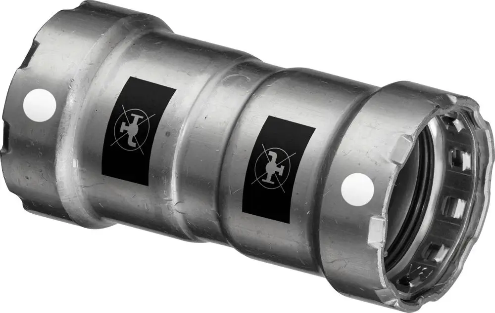 Stahlmuffe von Viega mit Zink-Nickel-Beschichtung, gekennzeichnet mit Symbolen für Gefahrstoffe. Das Produkt hat ein robustes, metallisches Design.