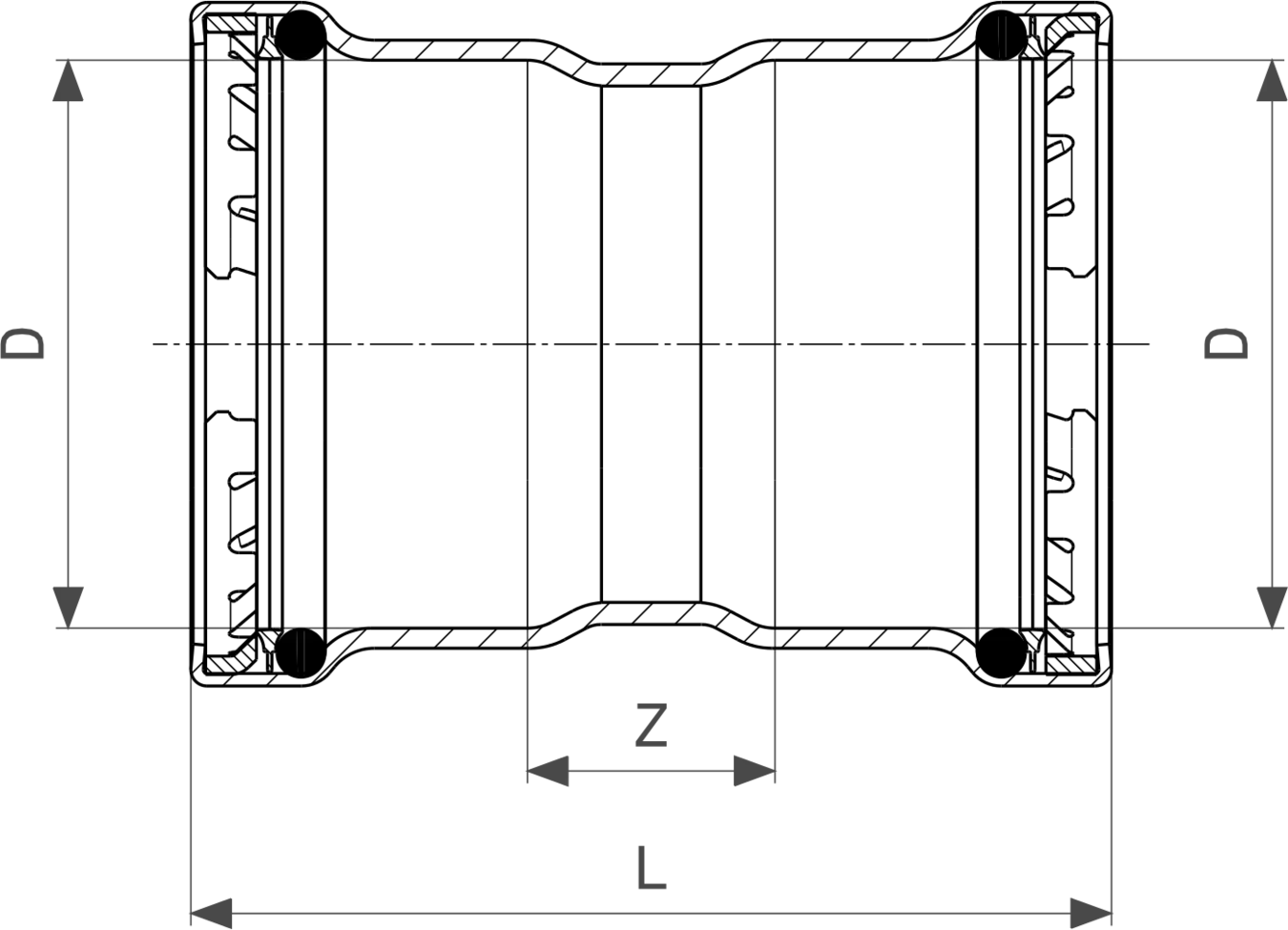 Viega Verbindungselement, zeigt eine Stahlmuffe mit Zink-Nickel-Beschichtung. Veranschaulicht die Dimensionen D, L und Z. Technische Darstellung zur Verwendung in Rohrleitungen.