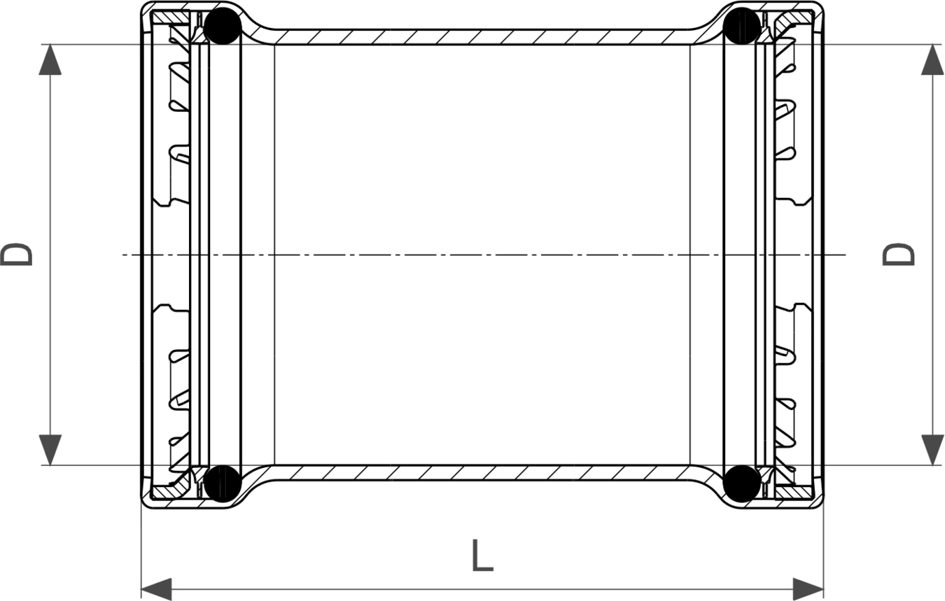 Viega Megapress S Schiebemuffe aus unlegiertem Stahl mit Zink-Nickel-Beschichtung. Anzeige von Maße und Verbindungspunkten zur Installation.