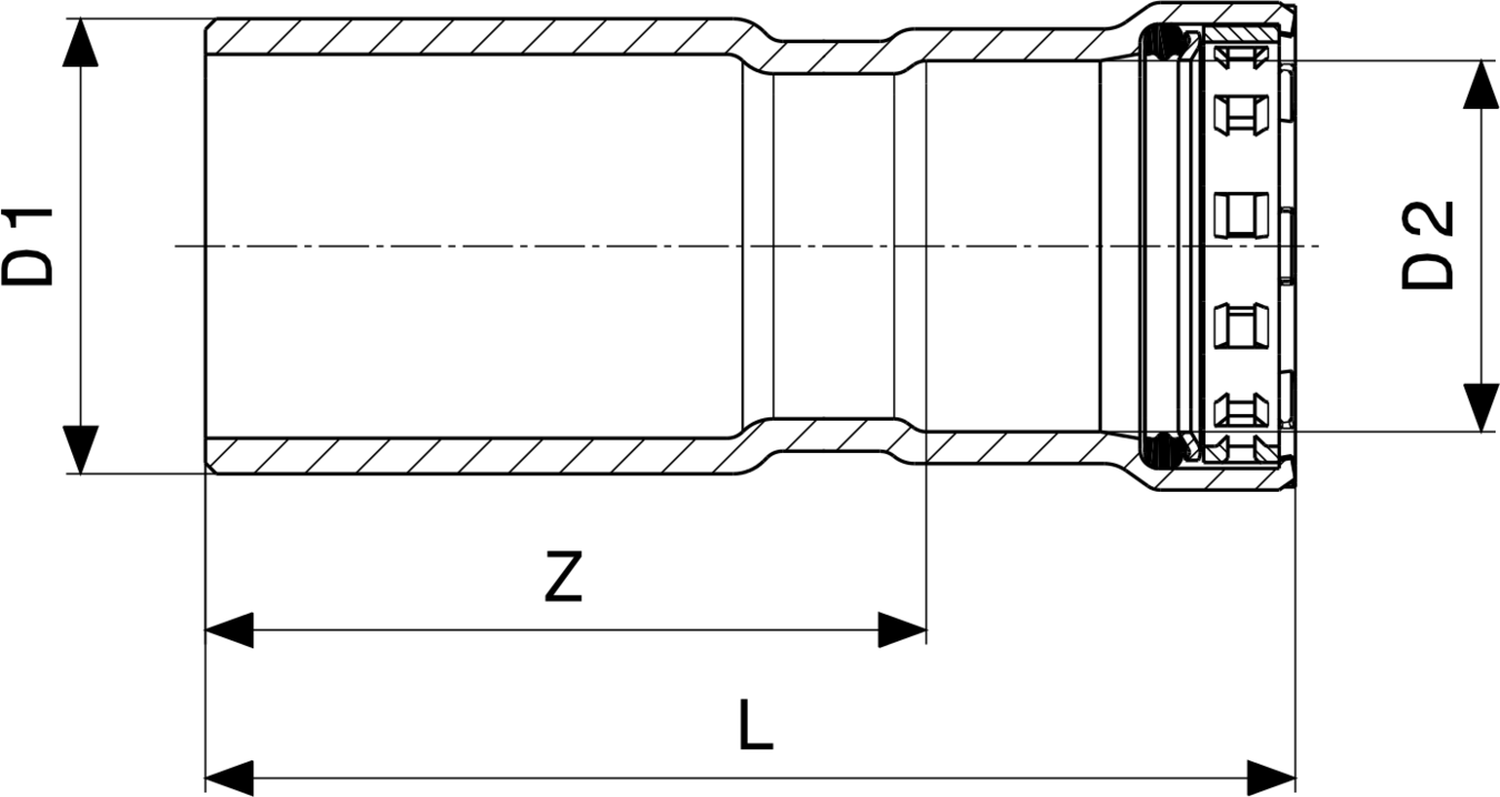Stahlreduzierstück mit Zink-Nickel-Beschichtung von Viega, mit zwei unterschiedlich dimensionierten Anschlüssen für die Verbindung von Rohren.