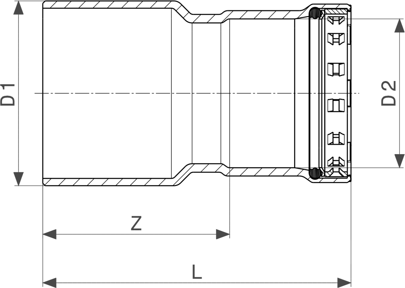 Viega Megapress S XL-Reduzierstück in einer schematischen Darstellung, mit Abmessungen für D1, D2 und L, sowie Z. Geometrische Form und Beschriftungen sind erkennbar.