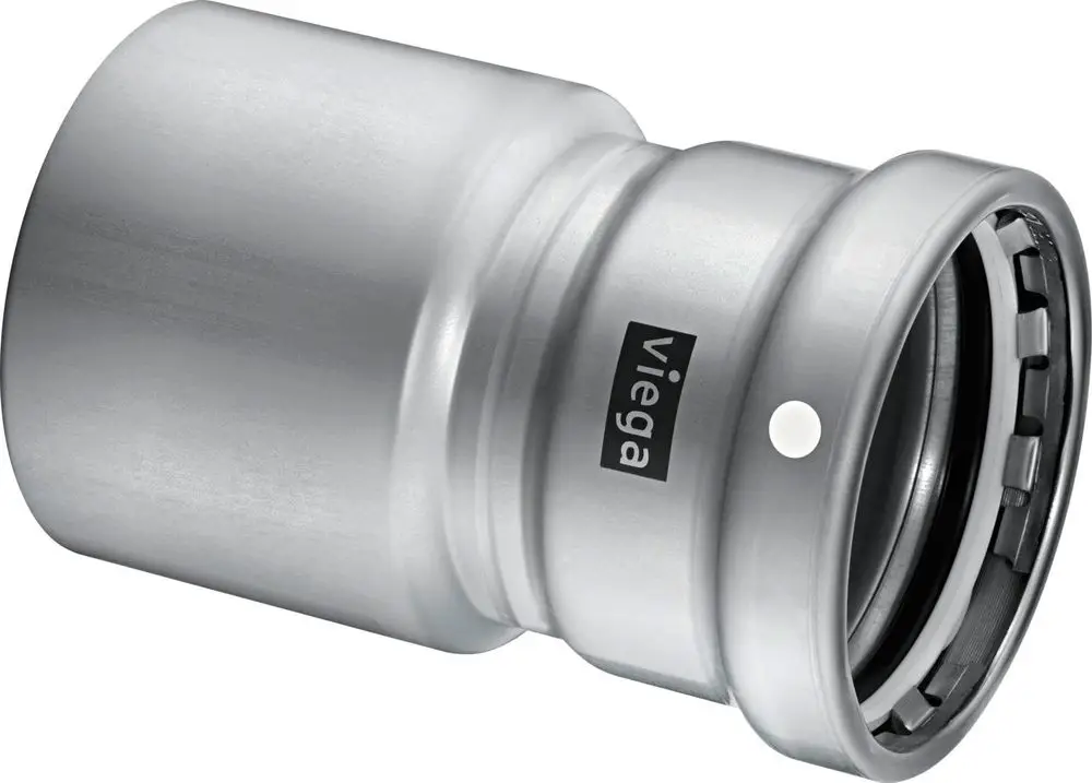 Edelstahl Reduzierstück von Viega mit einem Anschlussbereich und einem Zink-Nickel-Finish, geeignet für die Verbindung von Rohrleitungen in Sanitärinstallationen.