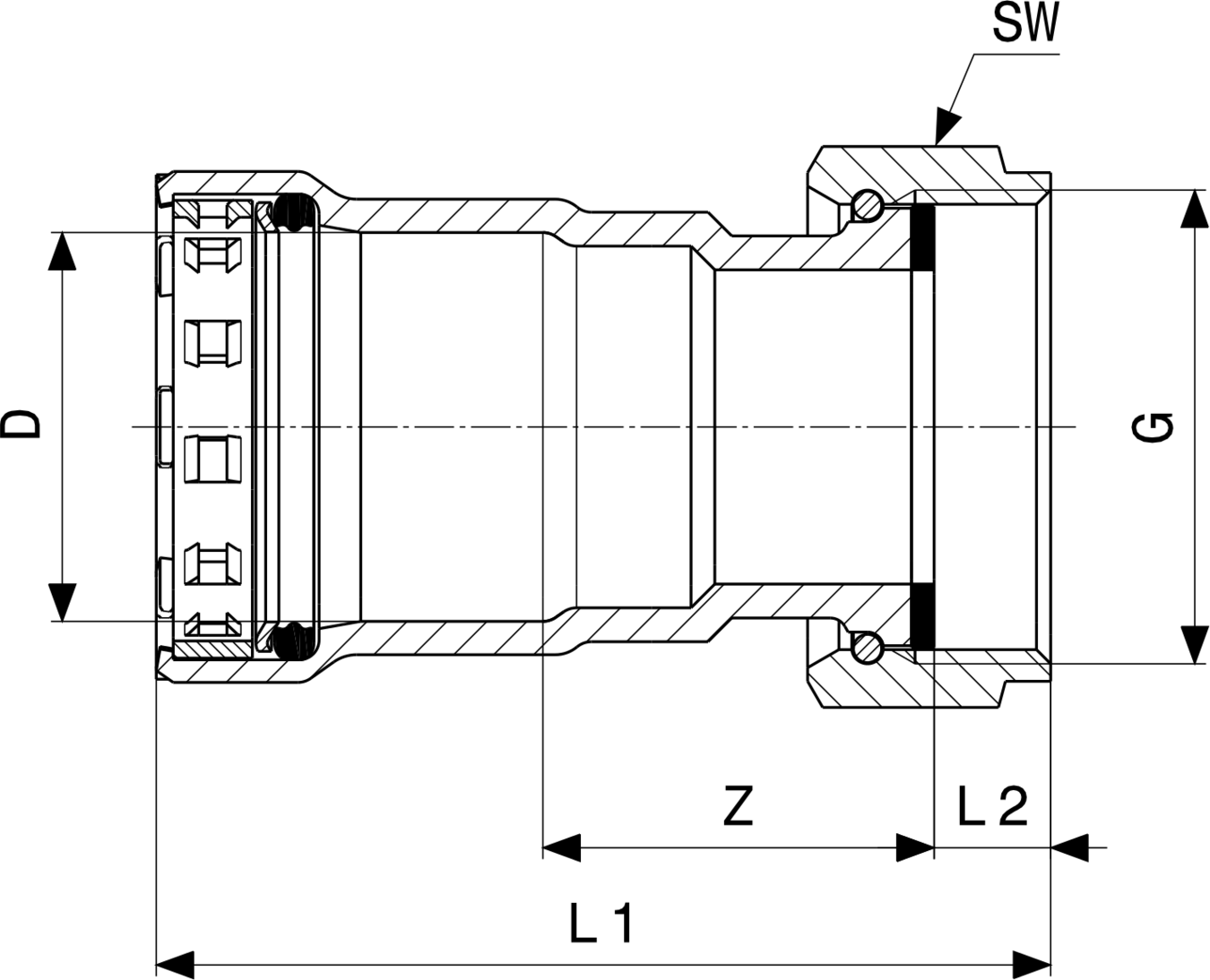 Viega S-Anschlussverschraubung aus unlegiertem Stahl mit Zink-Nickel-Beschichtung, sichtbar mit Gewinde und Anschluss. Schneller und sicherer Aufbau ohne zusätzliche Teile.