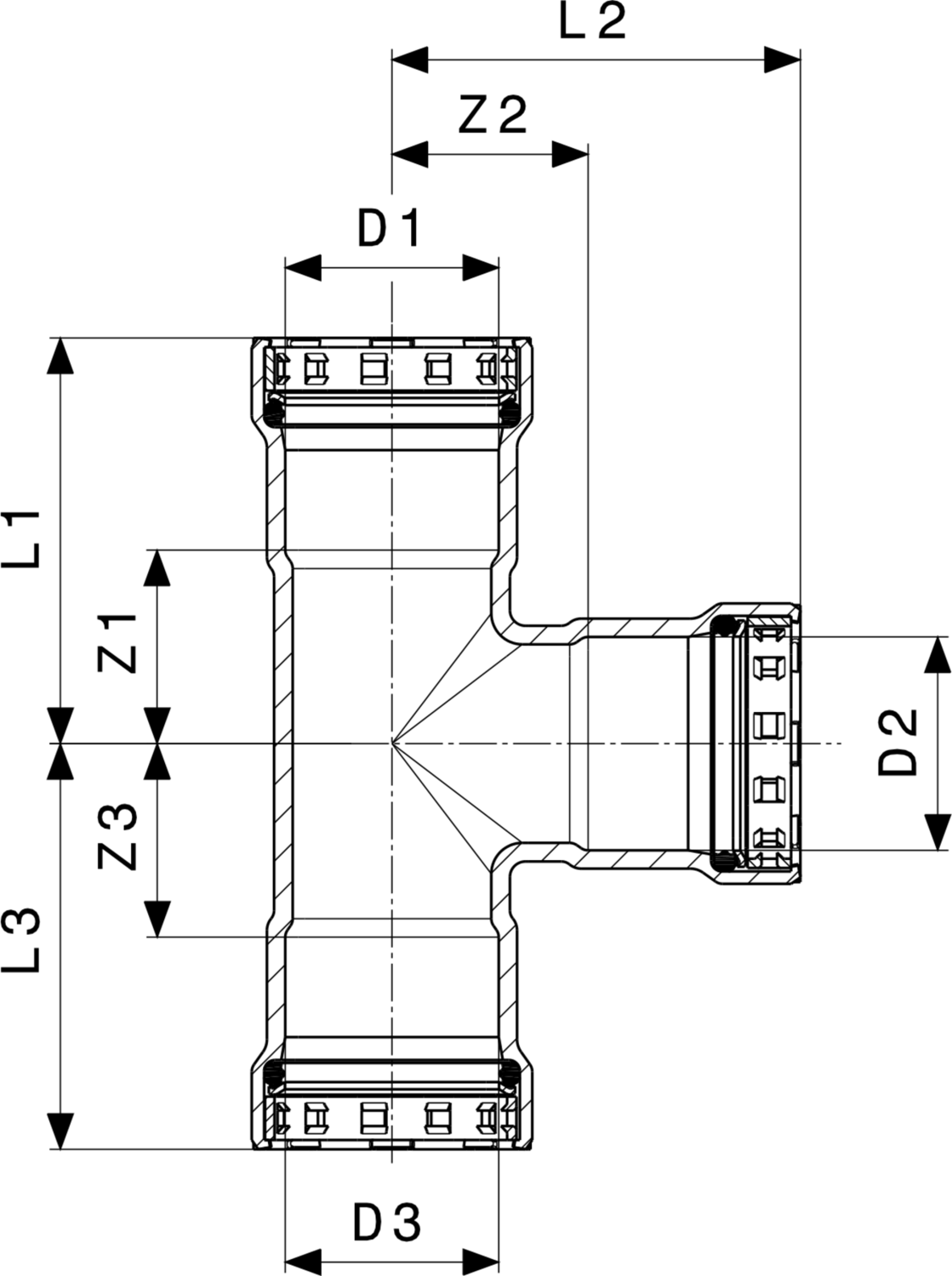 Viega Megapress G-T-Stück aus unlegiertem Stahl mit Zink-Nickel-Beschichtung, geeignet für Rohrleitungen, in handelsüblichem Design.