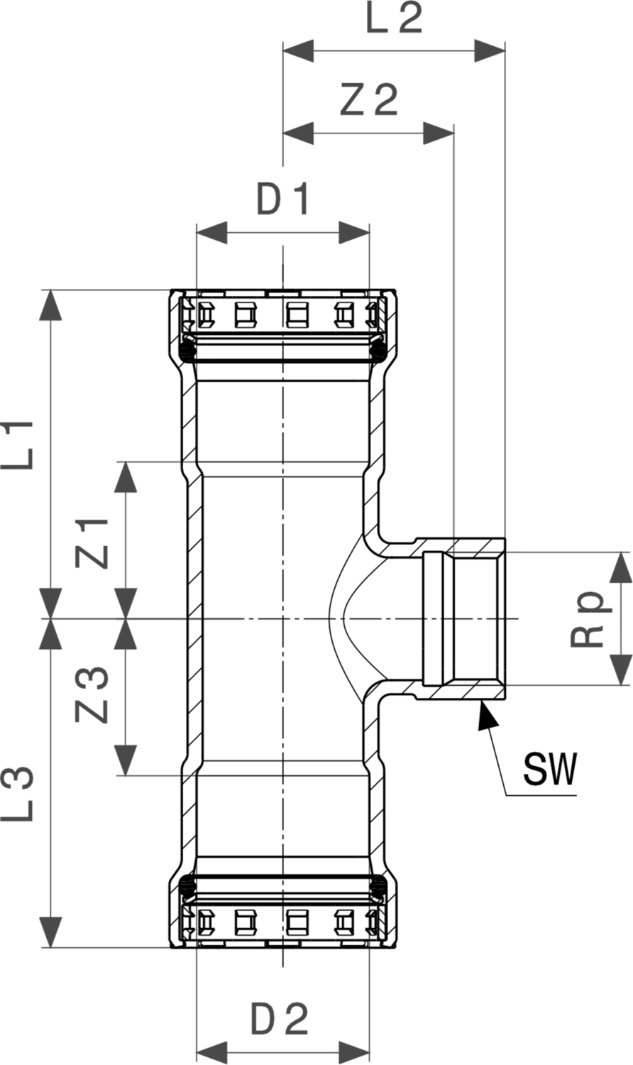 Viega Megapress G-T-Stück aus unlegiertem Stahl mit Zink-Nickel-Beschichtung, technische Abmessungen und Details in schematischer Darstellung.