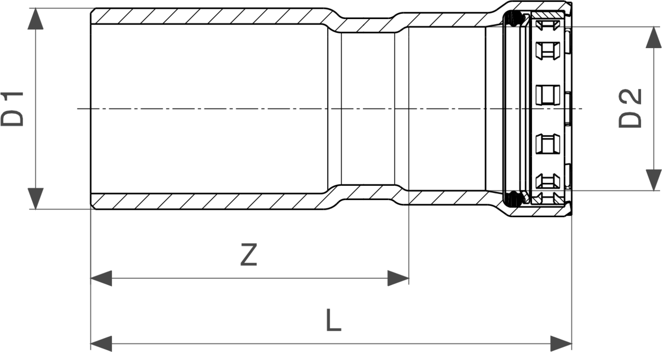 Viega Megapress G-Reduzierstück mit zylindrischer Form, Anschlussmöglichkeiten und Zink-Nickel-Beschichtung. Stahl unlegiert, Professionalität im Rohrleitungssystem.