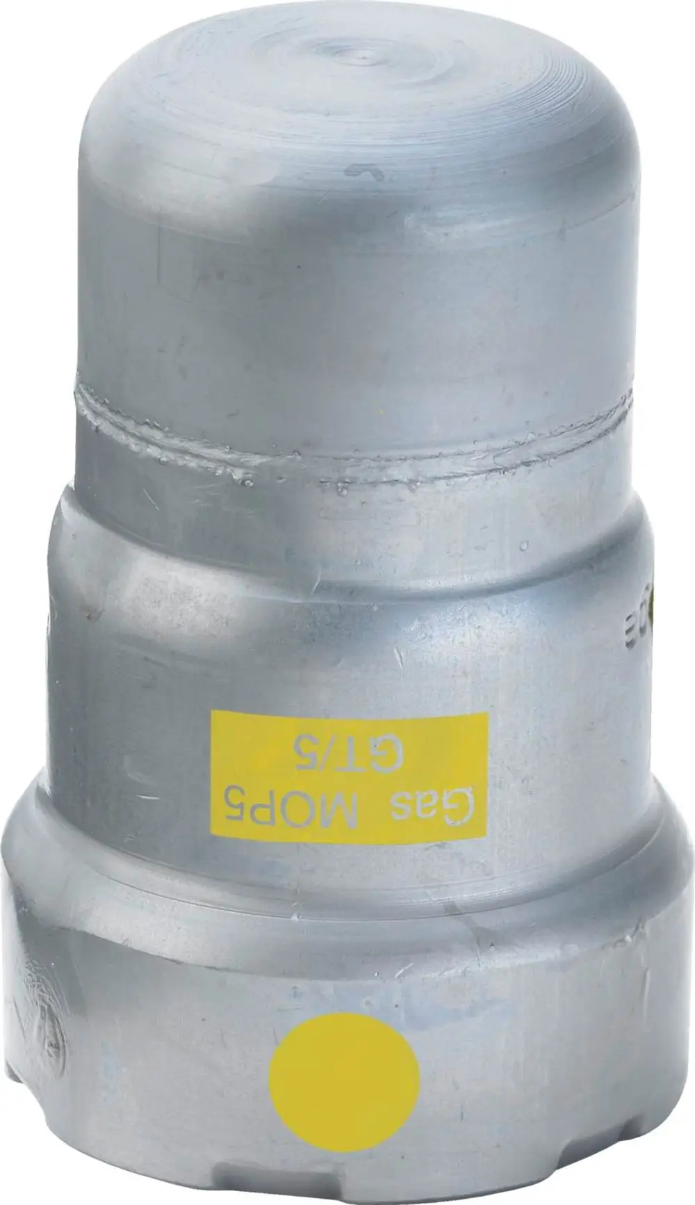 Viega G-Kappe aus unlegiertem Stahl mit Zink-Nickel-Beschichtung. Zylindrische Form, oben flach mit gelbem Aufkleber, auf dem das Produkt bezeichnet ist.