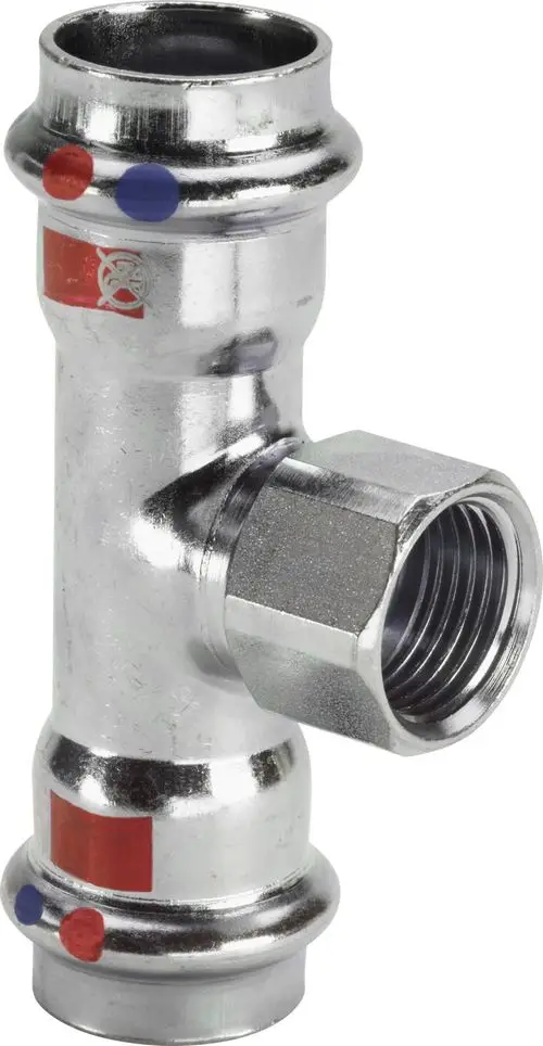 Edelstahl-T-Stück mit einer gewindeartigen Verbindung und zwei glatten Enden, geeignet für Rohrleitungstechnik.