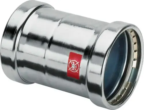 Chromatische Muffe aus Metall für Rohrleitungstechnik, mit einem roten Symbol und einem glatten, glänzenden Finish. Ideal für wasserführende Systeme.
