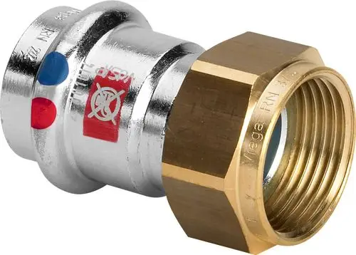 Viega Verschraubung aus Messing und verchromtem Metall mit farblichen Markierungen für die Identifikation der Anschlussseite.