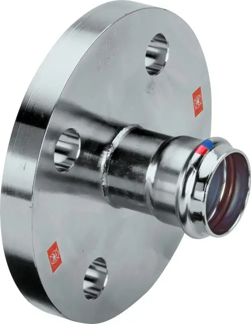 Ein glänzender, metallischer Flansch mit einem konischen Anschluss und mehreren Befestigungslöchern auf der kreisförmigen Fläche.