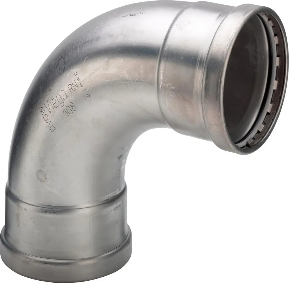 Viega Sanpress Inox Bogen mit gebogenem Ende, aus rostfreiem Stahl, geeignet zur Verbindung von Rohrleitungen in Installationen.