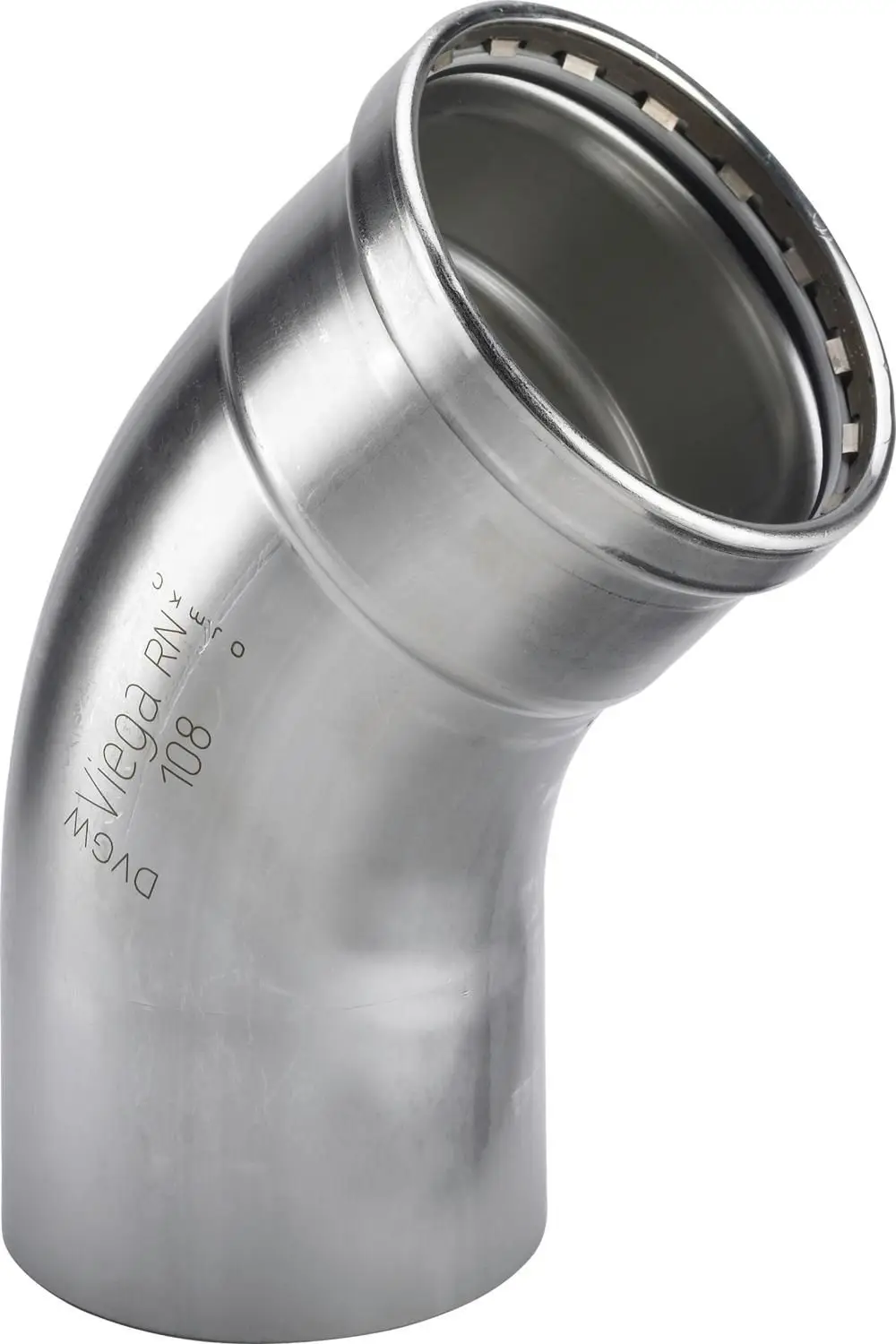 Edelstahlbogen von Viega mit einem gebogenen Anschluss. Das Produkt zeigt eine metallische Oberfläche und ist für Rohrleitungen konzipiert.