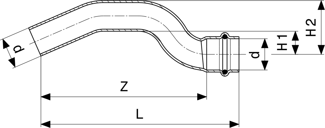 Edelstahl Überbogen von Viega, zum Anschluss von Rohrleitungen, in einer rechteckigen Form mit zwei Anschlüssen. Klarer und funktionaler Aufbau für Installationen.