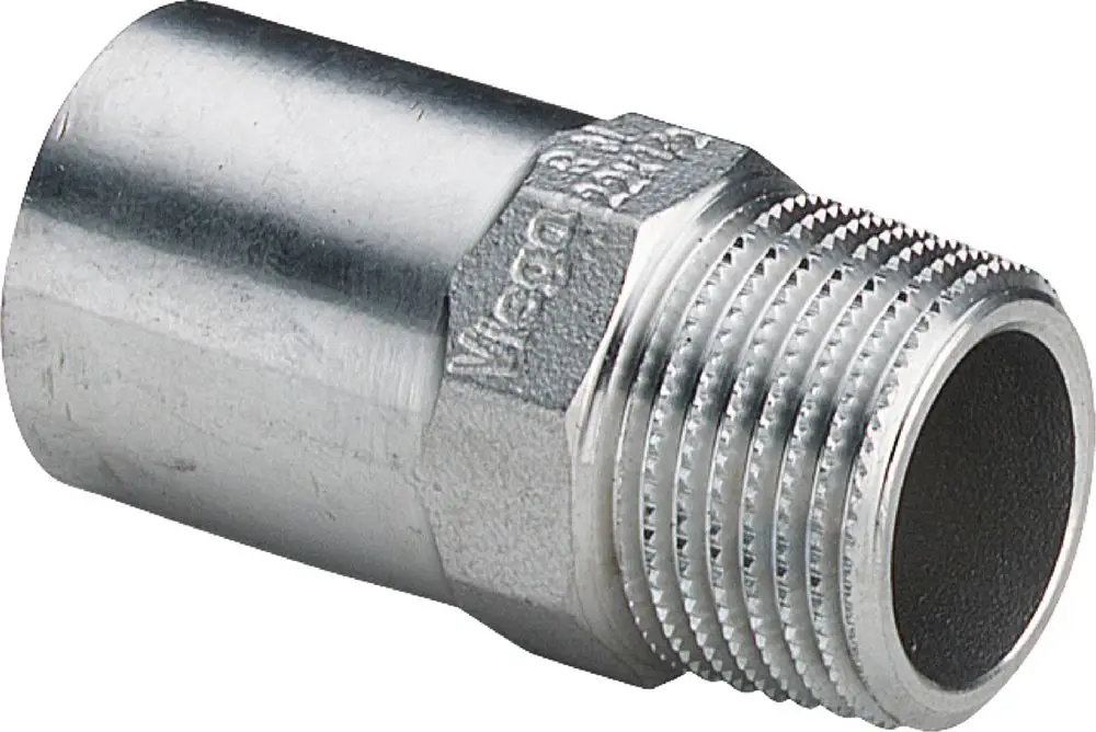 Viega Inox-Einsteckstück aus rostfreiem Stahl mit einem Außengewinde und glatter Oberfläche, geeignet für Verbindungen im Sanitär- und Heizungsbereich.