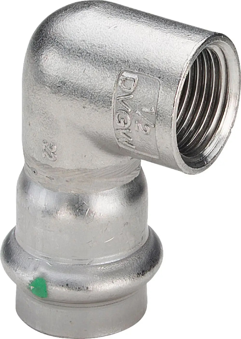 Sanpress Inox-Übergangswinkel von Viega mit 90-Grad-Biegung, aus rostfreiem Stahl, zur Verbindung von Rohren. Eignet sich für Installationen im Sanitärbereich.