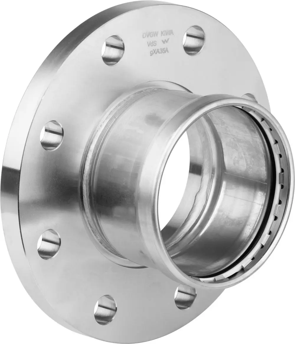 Edelstahlflansch mit Innenverbindung, gefertigt von Viega. Der Flansch weist eine ringförmige Nut und mehrere Montageschraublöcher auf.