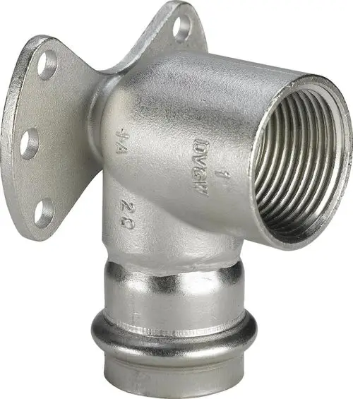 Viega Sanpress-Inox-Wandscheibe aus Edelstahl mit mehreren Befestigungslöchern und Innengewinde, geeignet für Rohrverbindungen.