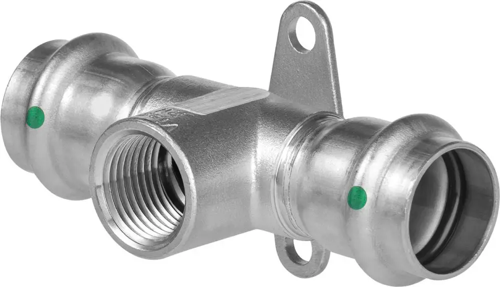 Viega Sanpress Inox-Wandscheiben-T-Stück aus Edelstahl mit zwei gleich großen Anschlüssen und einem gewindeten Anschluss. Geeignet für Rohrverbindungen in Sanitäranlagen.