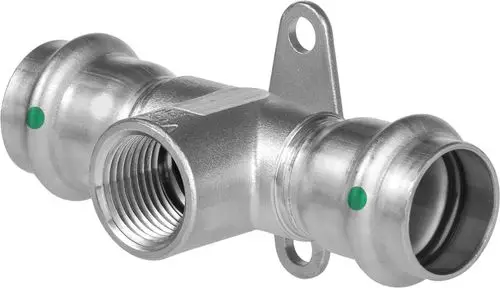 Viega Sanpress Inox-Wandscheiben-T-Stück aus Edelstahl mit zwei gleich großen Anschlüssen und einem gewindeten Anschluss. Geeignet für Rohrverbindungen in Sanitäranlagen.
