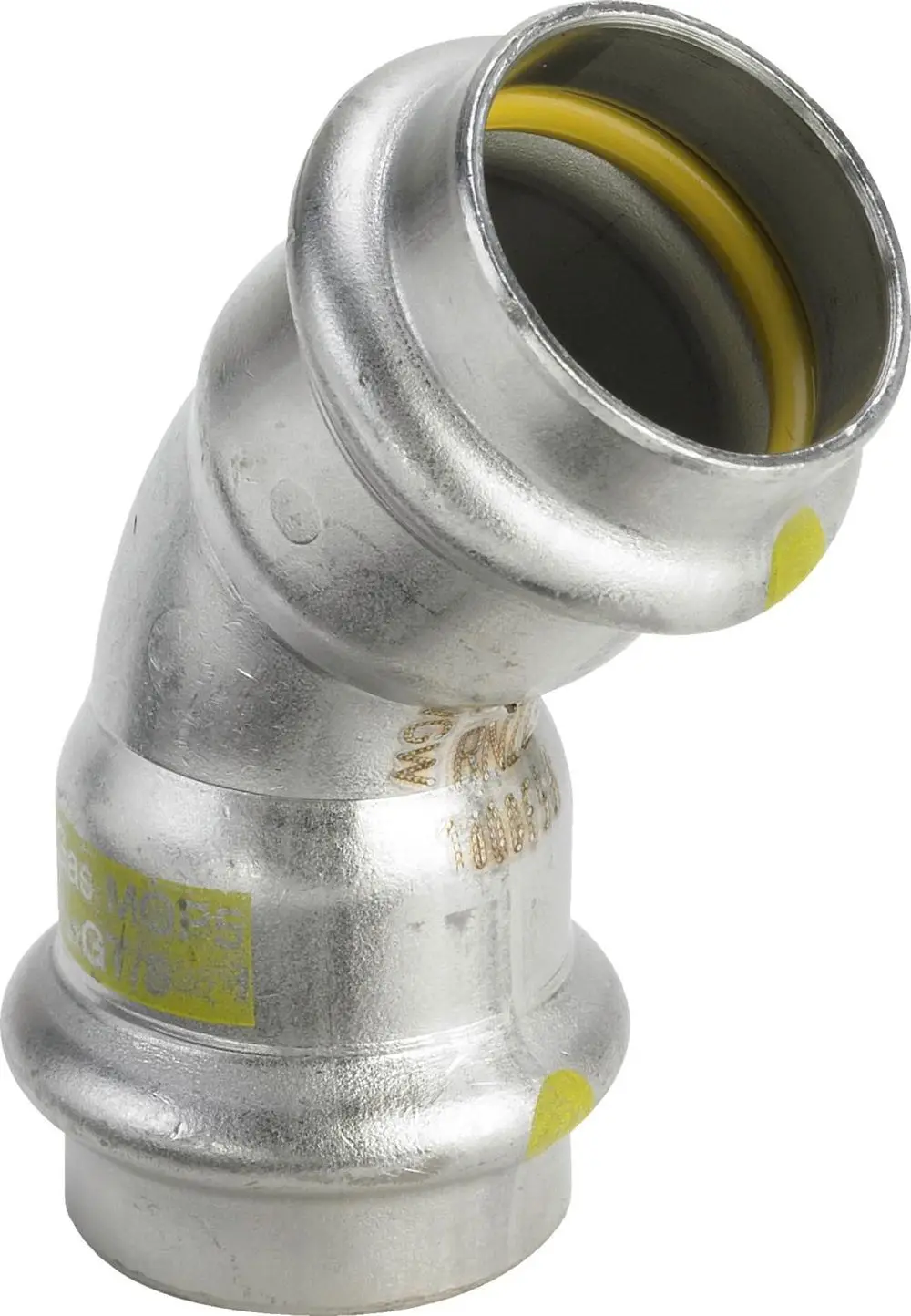 Metallener 45-Grad-Bogen mit einem Anschluss. Das Produkt gehört zur Viega Sanpress Inox-Serie und ist für Rohrverbindungen in sanitärtechnischen Anwendungen vorgesehen.
