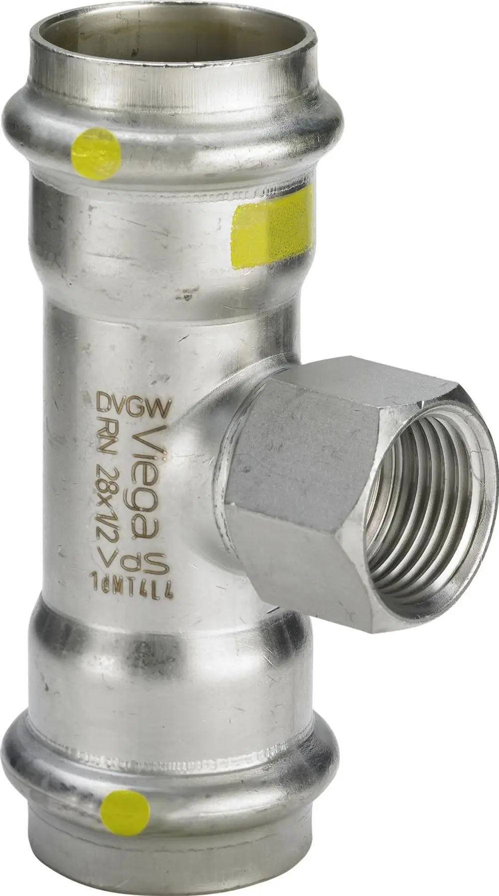 Viega Sanpress Inox G-T-Stück aus rostfreiem Stahl mit zwei glatten Anschlüssen und einem Gewindeanschluss in der Mitte.