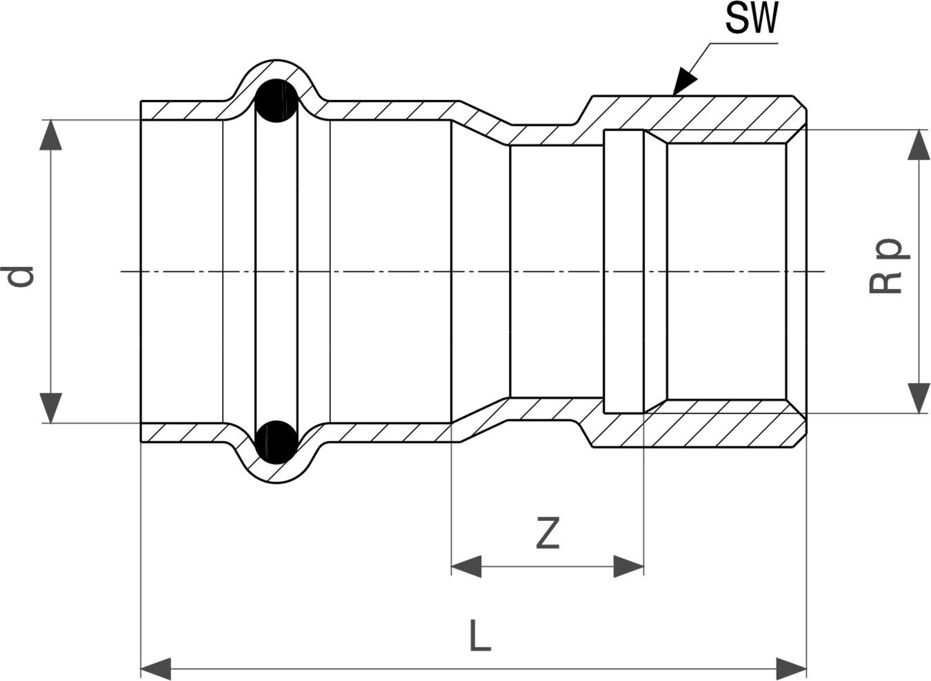 Viega Übergangsstück aus Edelstahl mit Gewindeanschlüssen. Ansprechendes Design für Rohrverbindungen in Sanitär- und Heizungsinstallationen.