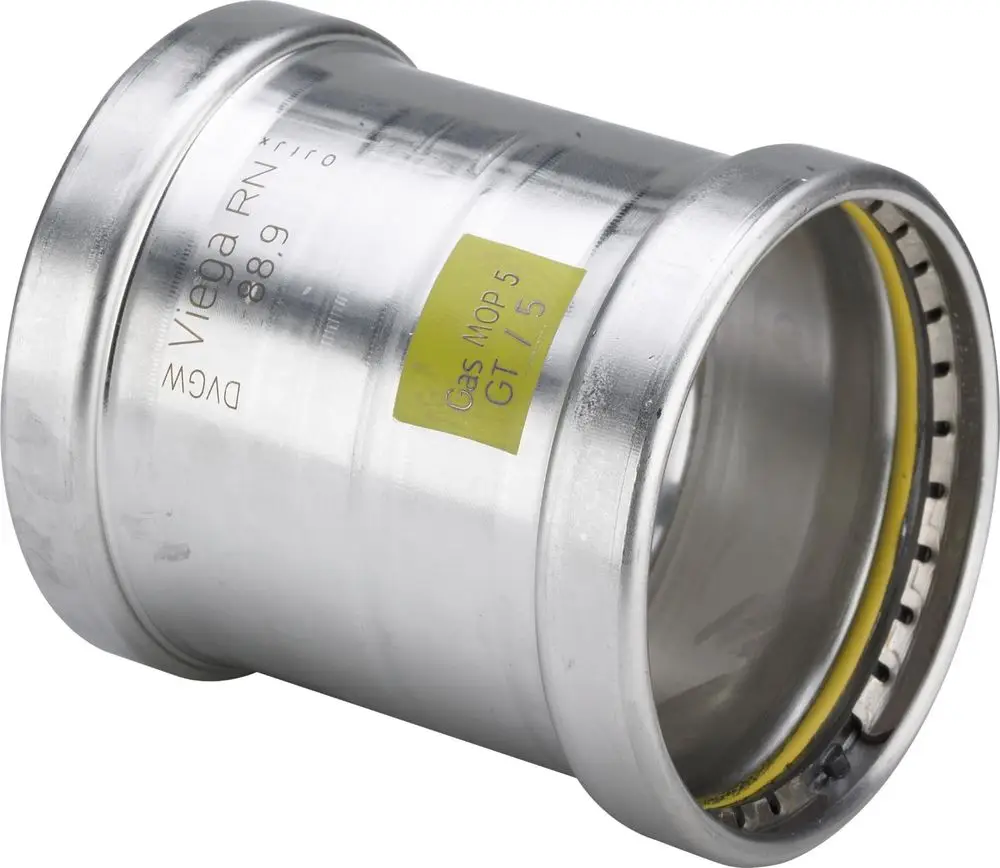 Edelstahl-Muffe von Viega mit einem glatten, glänzenden Finish und einem inneren Ring zur sicheren Verbindung. Ideal für Rohrverbindungen in der Installationstechnik.
