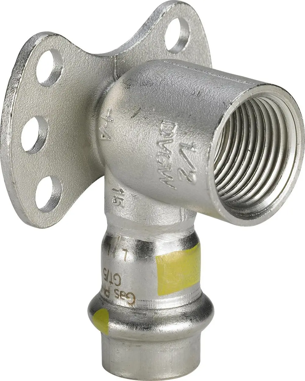 Viega Sanpress Inox Wandanschlussstück aus rostfreiem Stahl mit einem seitlichen Anschluss und mehreren Montagelöchern zur einfachen Befestigung.