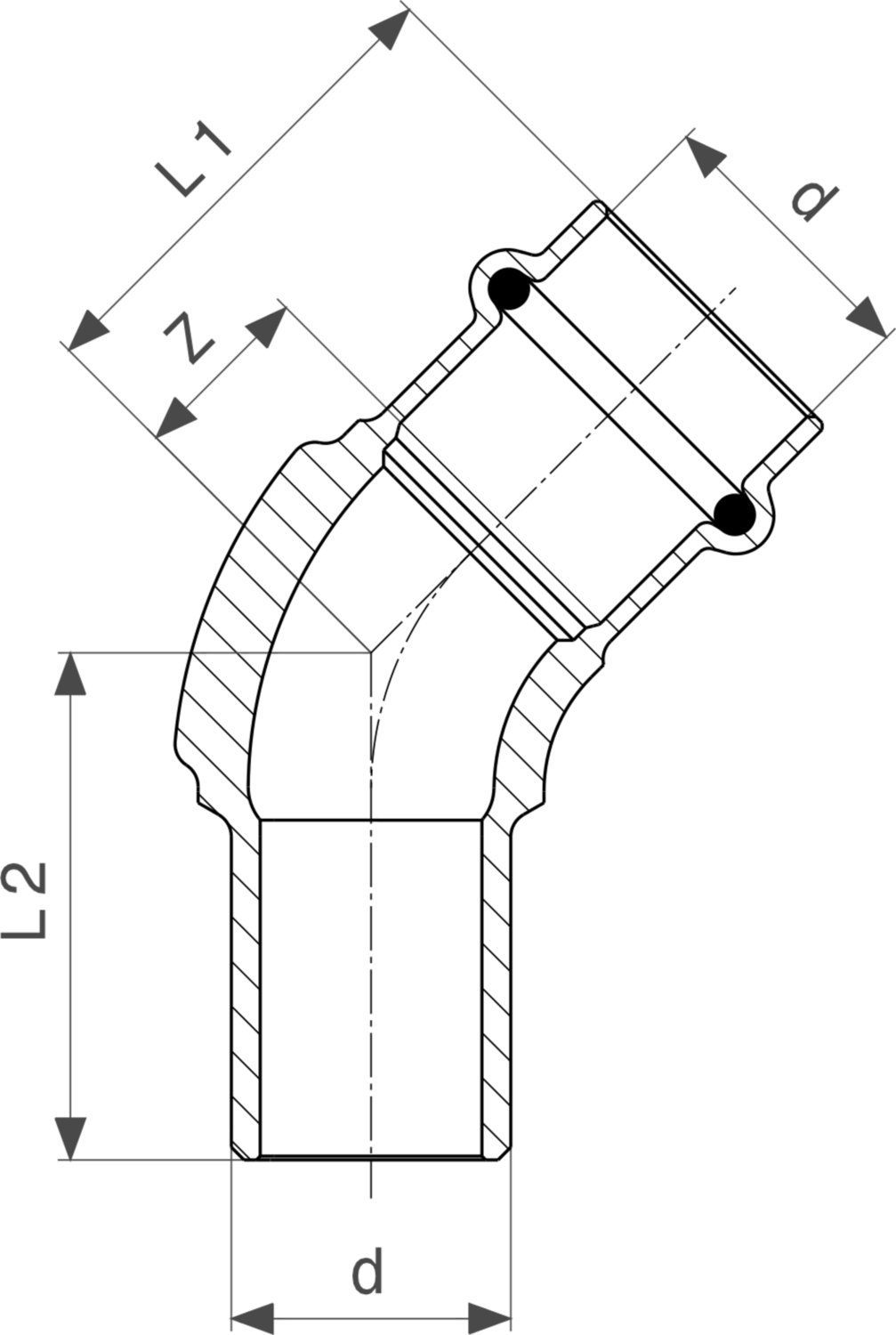 Sanpress-Bogen mit 45-Grad-Winkel in metallischer Ausführung, dargestellt in einem technischen Diagramm mit Maßangaben, typischerweise verwendet in Rohrsystemen von Viega.