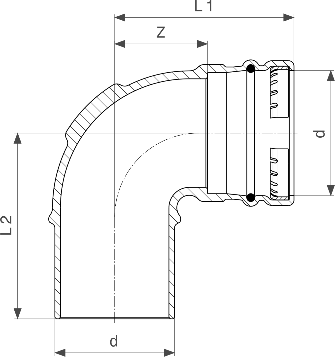 Viega Sanpress LF Bogen in 90-Grad-Winkel mit verschiedenen Anschlussmaßen, dargestellt in einem schematischen Diagramm mit Maßangaben.