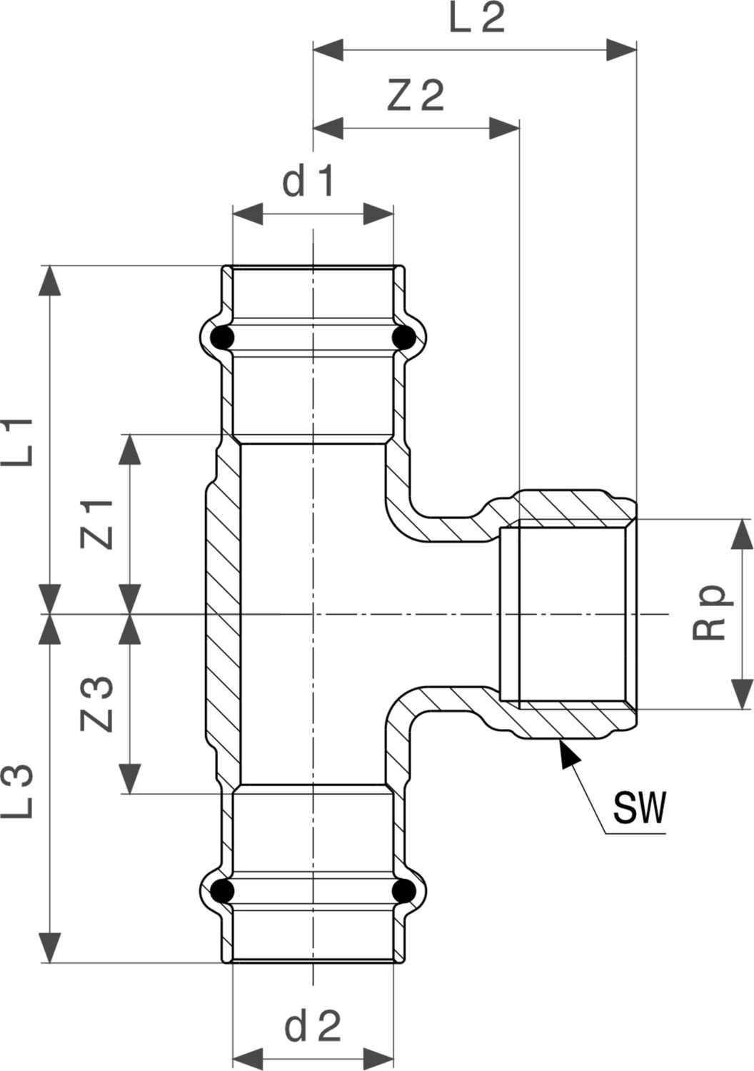 Sanpress LF-T-Stück von Viega mit zwei Übergängen und einem Anschlussrohr, dargestellt in einem technischen Diagramm mit Maßangaben und Verbindungen.