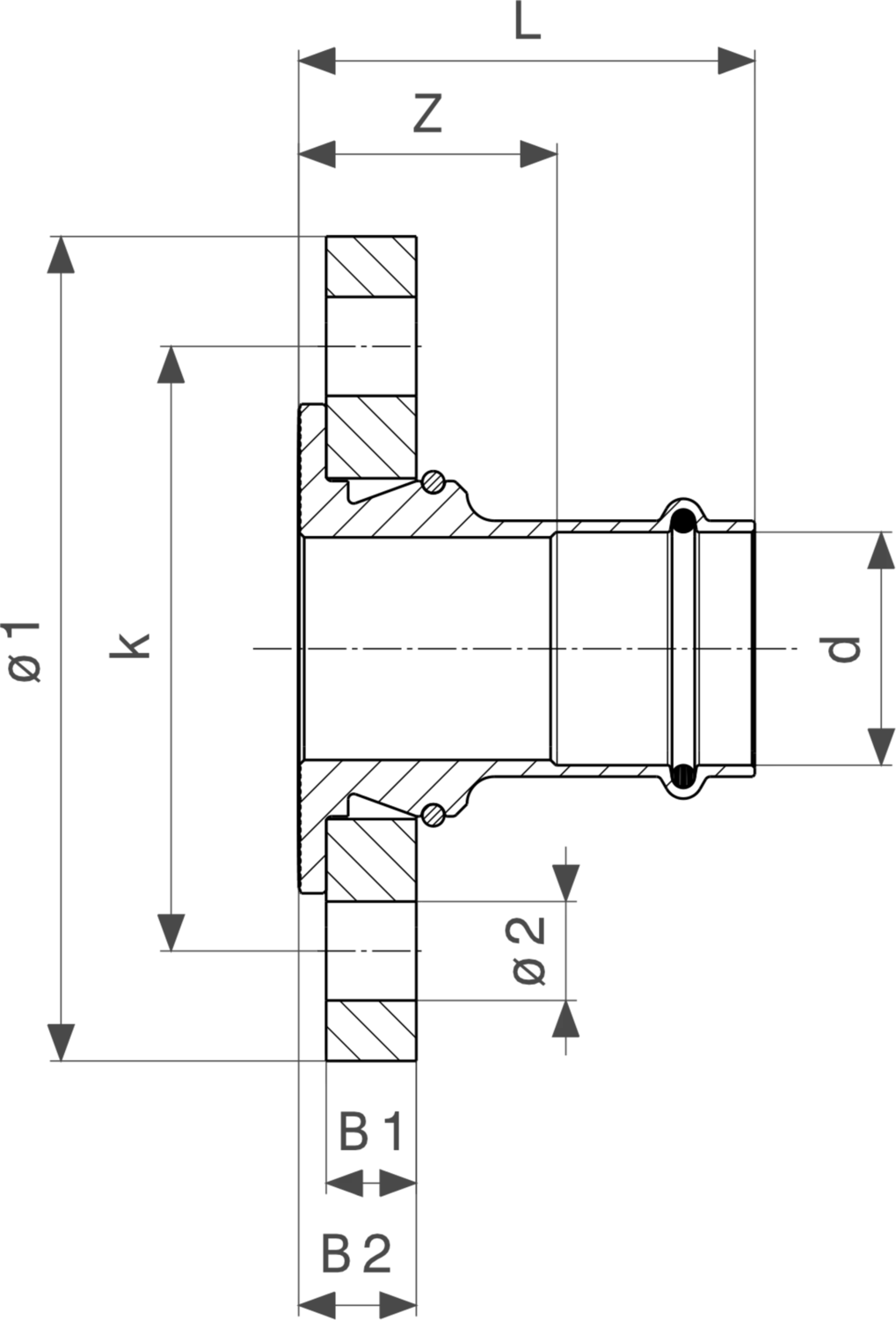 Flanschübergang von Viega, mit verschiedenen Anschlussmaßen in einem grafischen Diagramm dargestellt. Zeigt die spezifischen Abmessungen und Punkte für die Montage an.