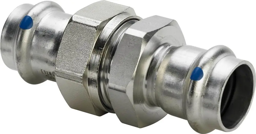 Viega Fittings Verbindungselement aus vernickeltem Messing und rostfreiem Stahl, mit zwei Anschlussenden und einer mittigen Gewindeschraube zur sicheren Verbindung von Rohren.