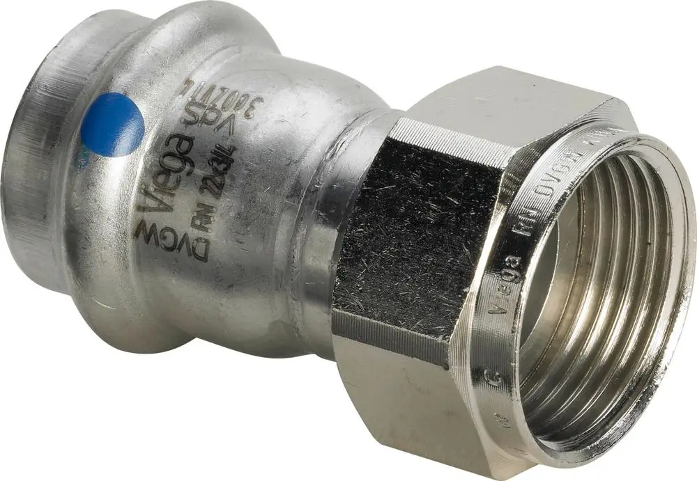 Viega Sanpress Inox Verbindungselement aus vernickeltem Messing mit einem gewindeartigen Anschluss, zur Verwendung in Rohrleitungssystemen.