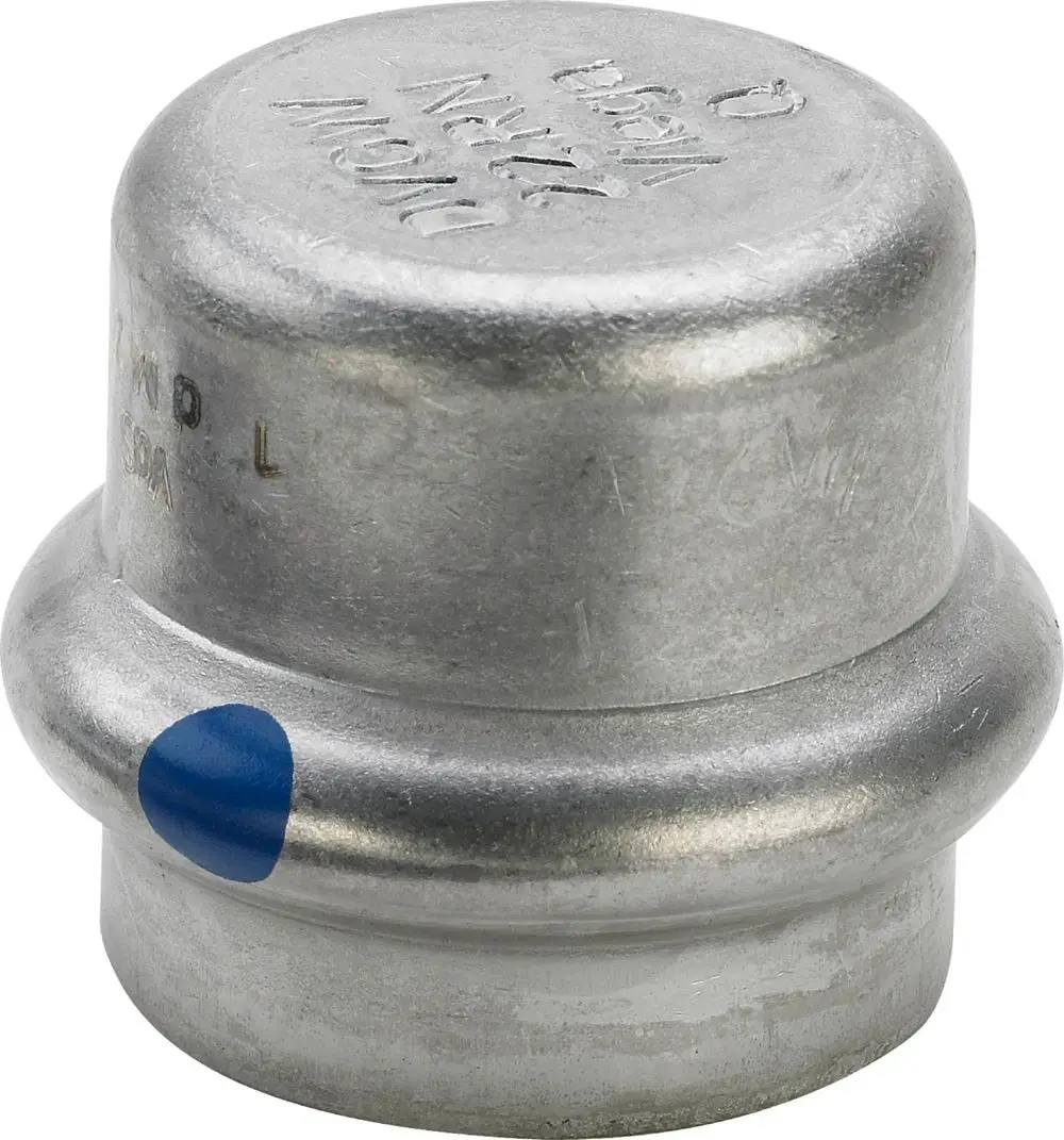 Viega Edelstahlkappe mit glatter Oberfläche. Das Produkt hat eine runde Form und eine sichtbare blauen Markierung an der Seite.