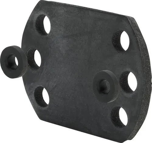Schwarze Wandscheibe aus Gummi mit mehreren Bohrungen und zwei Rundgängeln, geeignet für Rohrleitungstechnik.