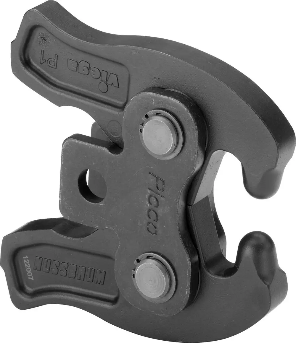 Gelenkzugbacke aus Stahl mit phosphatiertem Finish, deutlich mit dem Markennamen Viega versehen. Produktdesign zur Verbindung und Sicherung von Komponenten.