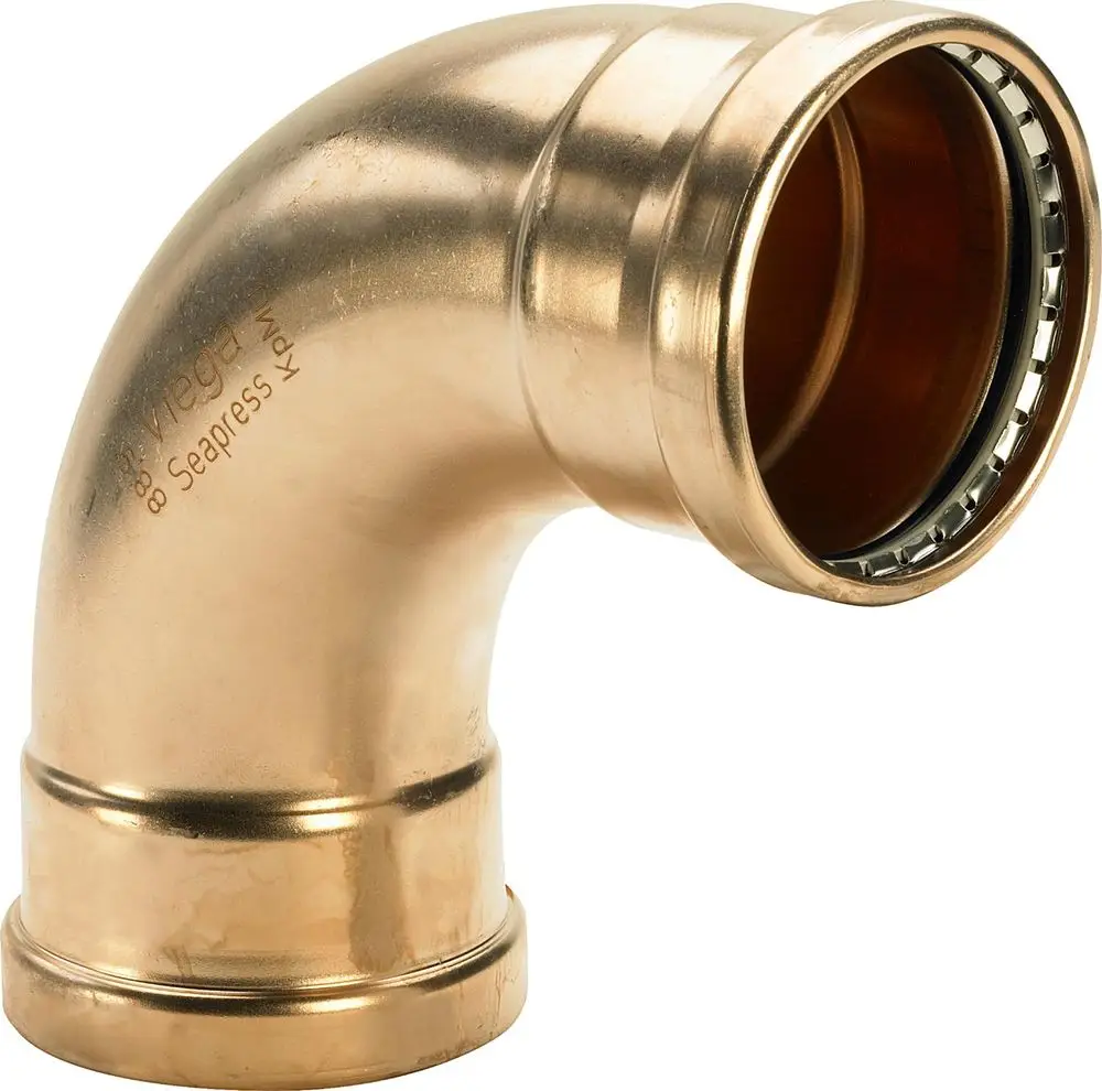 Knickformige Kupferrohrverbindung von Viega mit glatter Oberfläche und einem Anschluss ohne Gewinde. Ideal für Rohrsysteme in der Installationstechnik.