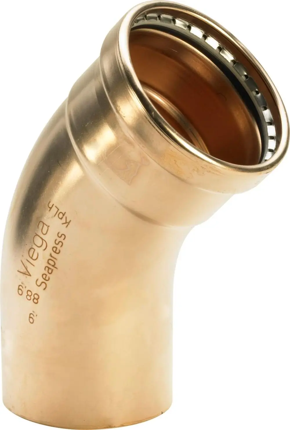Kupfer-Nickel-Edelstahl-Bogen von Viega, gewinkelt, verwendet in Rohrleitungssystemen. Auf einer Seite mit Dichtungsring für sicheren Anschluss.
