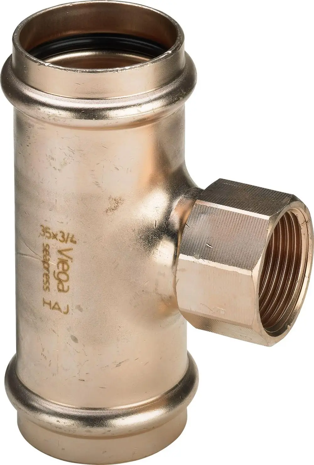 Kupfer-Nickel-Fitting von Viega, T-Stück mit einer offenen Kante und einer Gewindeanschlussstelle. Geeignet für Rohrleitungsinstallationen.